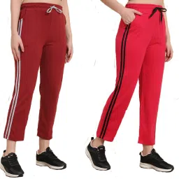 Pack of 2 Women Striped Red, Maroon Track Pants-image-90