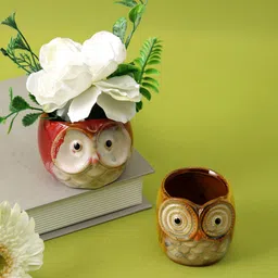 TAYHAA 2 Pieces Brown & Beige Owl Textured Ceramic Planters-22