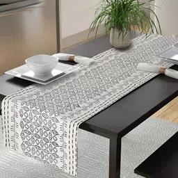 TARAN LIVING Cream-colored & Black Geometric Block Printed Cotton Table Runner-26