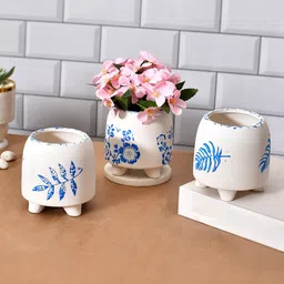 TAYHAA White & Blue 3 Pieces Printed Ceramic Planters-40
