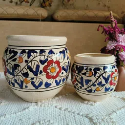 NIYARA White & Blue 2 Pieces Floral Printed Ceramic Planters-picture-32