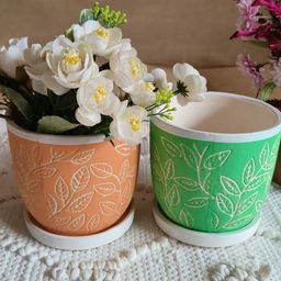 NIYARA Orange & Green 2 Pieces Painted Ceramic Planters-13