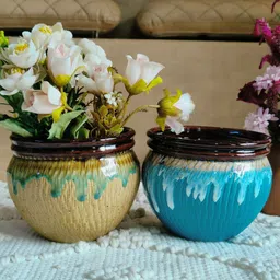 NIYARA Blue & Brown 2 Pieces Printed Glacier Ceramic Planter-picture-43