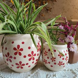 NIYARA White & Red 2 Pieces Floral Printed Ceramic Planters-45