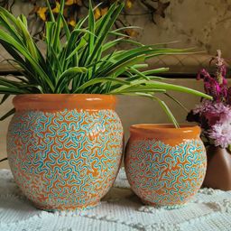 NIYARA Blue & Orange 2 Pieces Printed Ceramic Planters-30