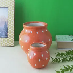 The Decor Mart 2 Pcs Orange Textured Ceramic Matka Planters image 2