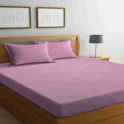 Dark Pink Striped 300 TC Cotton Blend 1 King Sized Double Bedsheet With 2 Pillow Covers by Klotthe-picture-17