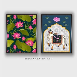INDIAN CLASSIC ART Green & Pink 2 Pieces Cow & Lotus Painting Wall Art-image-27