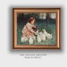 THE VINTAGE ARTISTRY Green & Peach-Colored Vintage Girl Feeding Rabbits Painting Wall Art-52