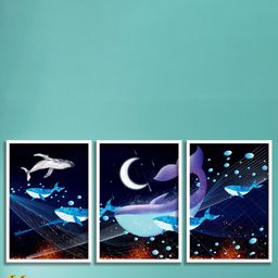 SAF 3-Pcs Blue & Black Wildlife Fish Painting Wall Art-14