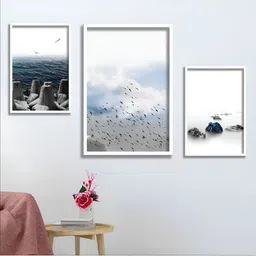Aura White & Blue 3 Piece Wood Birds and Animals Wall Paintings-16