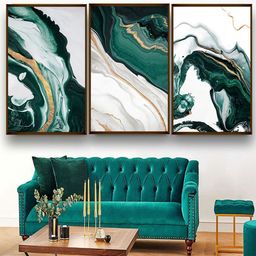 The Art House Set Of 3 Green & White Abstract Paintings Wall Art-0