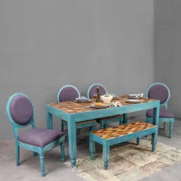 fabuliv Gastone Sheesham Wood 6 Seater Dining Set in Retro Blue & Teak Finish with Bench-picture-18