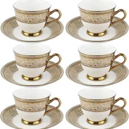 Pack of 12 Bone China Ceramic Cup and Saucer Capacity 180 ML (Color-Gold) 6 Cup & 6 Saucer-6