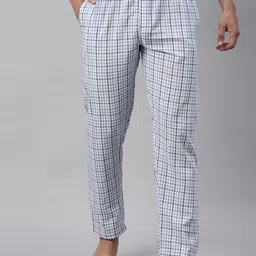 Joven Men Blue & White Checked Pure Cotton Lounge Pants-image-34