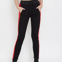 CHROME & CORAL Women Black & Red Colourblocked Track Pants-image-20