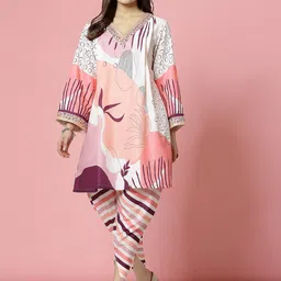 Clora Creation Abstract Printed V-Neck Long Sleeves A-Line Kurta with Dhoti Pants-1
