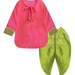 A T U N Girls Pink & Lime Green Regular Kurta with Dhoti Pants-image-97