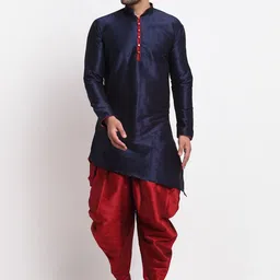 Benstoke Men Navy Blue Dupion Silk Kurta with Dhoti Pants-image-3