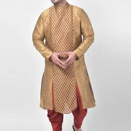 DEYANN PLUS Men Gold-Toned Ethnic Motifs Printed Dupion Silk Kurta with Dhoti Pants-picture-55