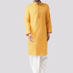 Chitwan Mohan Men Yellow Striped Kurta with Dhoti Pants-image-1