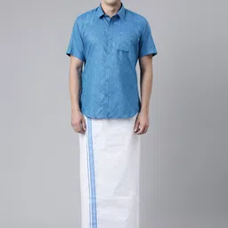 Chennis Men Blue & White Pure Cotton Shirt with Dhoti Set-picture-28
