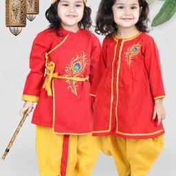 BownBee Girls Red Cotton Janmashtami Radha Krishna Top & Dhoti With Mukut & Bansuri-image-83