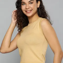 HERE&NOW Women Beige Solid Round-Neck Sleeveless Crop Pullover Sweater-image-48