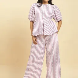 W Women Lavender & White Striped Embroidered Top with Trousers-picture-14