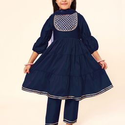 A.T.U.N. Girls Navy Blue Yoke Design Tiered Thread Work Kurta with Trousers & With Dupatta-image-99