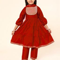 A.T.U.N. Girls Tiered Thread Work Kurta with Trousers & Dupatta-image-69