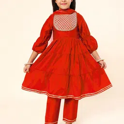 A.T.U.N. Girls Red Embroidered Tiered Gotta Patti Kurta with Trousers & With Dupatta-picture-38