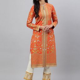 AURELIA Women Orange Floral Printed Polyester Straight Kurta with Trousers-picture-14