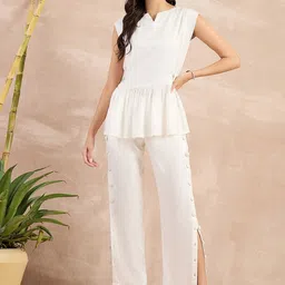 First Resort by Ramola Bachchan Self Design Organic Cotton Sleeveless Top With Trouser-image-13