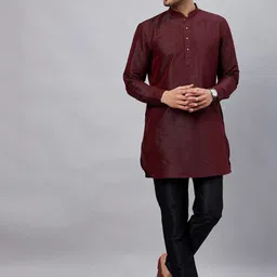 VASTRAMAY Mandarin Collar Curved Hem Straight Kurta with Trousers-image-101