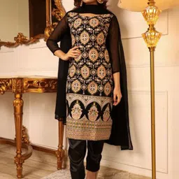 Vidraa Western Store Floral Embroidered Thread Work Kurta with Trousers & Dupatta-image-15