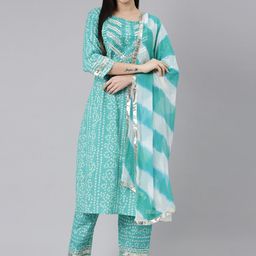 KALINI Women Bandhani Printed Mirror Work Pure Cotton Kurta & Trousers With Dupatta-17