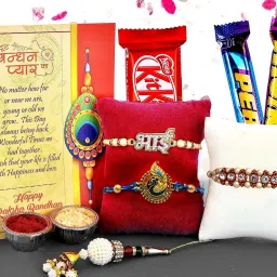 Designer Rakhi Gift for Bhaiya Bhabhi with Chocolates Gift Set Combo with Greeting Card Jute Chawal Roli Pack, Greeting Card Set-9