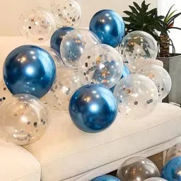 Solid Blue Chrome Balloons with Silver Confetti Birthday Anniversary Party Decoration Balloon Bouquet-image-9