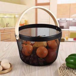 Metal Mesh Storage Basket With Wooden Handle | Groceries Basket | Multipurpose | Steel Fruit & Vegetable Basket-34