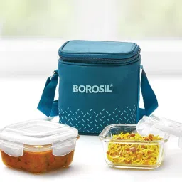 borosil Teal Lunch Box with Bag, 2 Pc (320 ml x 2 Square), Vertical Tiifin 2 Containers Lunch Box image 2