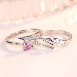 Pink Stone Angel Wings Ring Couple Love Ring for Lover's Stainless Steel, Brass Cubic Zirconia Platinum Plated Ring Set-image-52