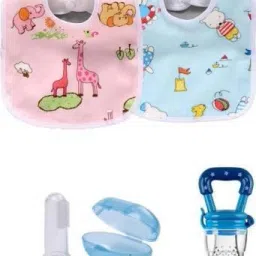 New born baby Fruit Nibbler/Pacifier with Finger brush & 2 Pcs of bibs/Appron Teether and Feeder-image-38