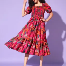 Women Fit and Flare Pink Knee Length Dress-image-61