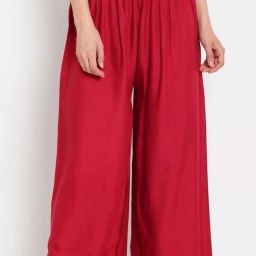 Women Flared Red Viscose Rayon Trousers-image-45