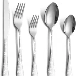 Sterling Silver Silverware Set | 5-Pcs Flatware Set with Floral Printed Handle Stainless Steel Cutlery Set-image-96