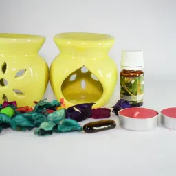 Ceramic Aroma Air Freshner Tea Light Diffuser Combo Pack of 2( Yellow Colour) Floral Fragrance (10ML) & 2 Candles Diffuser Set-image-6