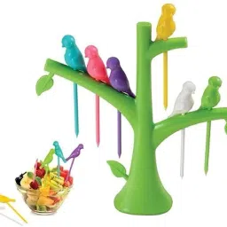 Bird Fork Set Tree Shape Holder Rack for Dining Table with 6 Bird Shape Fork Disposable Plastic Fruit Fork Set-0