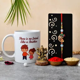Designer Rakhi Gift Set For Brother Combo With Roli Chawal Greeting Card- MG-35-GG2-C55 Mauli Thread Mug, Rakhi, Showpiece, Chawal Roli Pack, Greeting Card Set-image-55