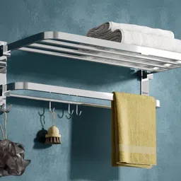 grivan Premium Foldable Bathroom Towel Stand/Rod/Holder With Hooks And Hanger Stainless Steel Wall Shelf-picture-49